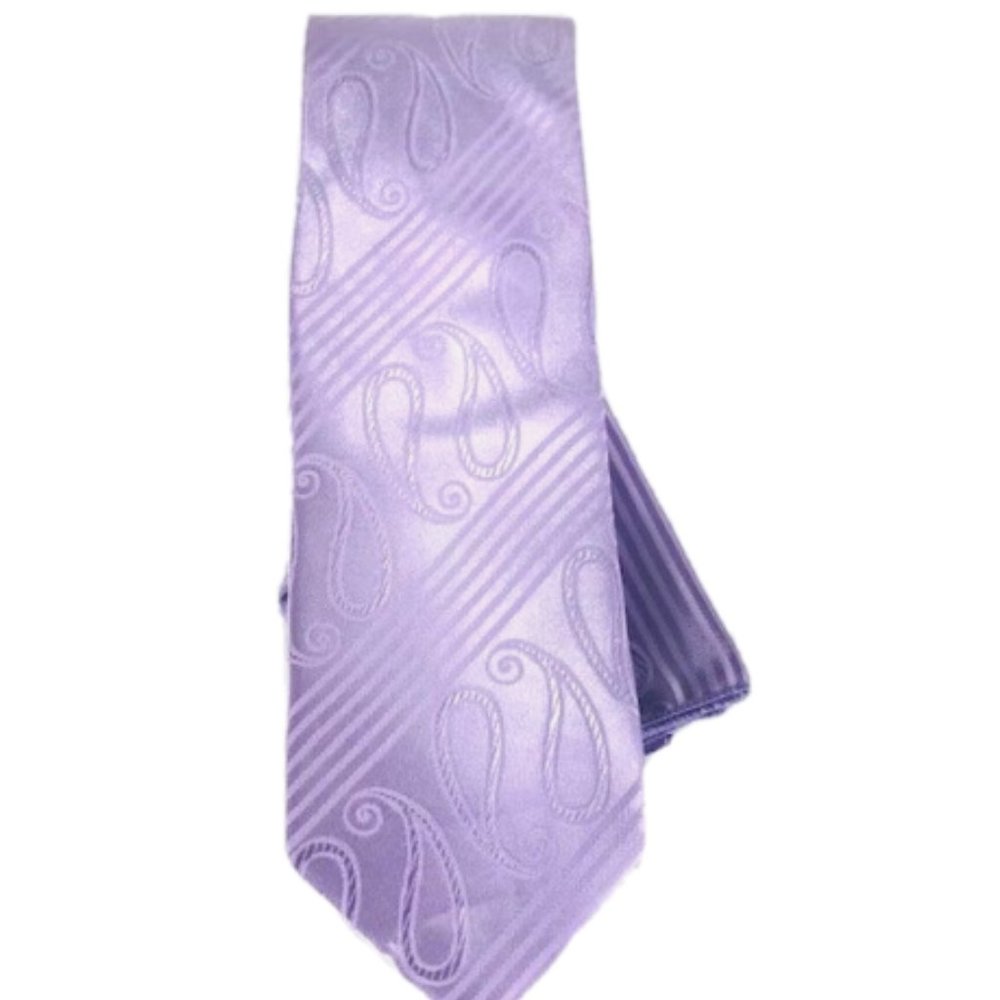 Bruno Conte Men's Tie Hanky Set Light Lavender Striped Large Paisley 3.5" Wide